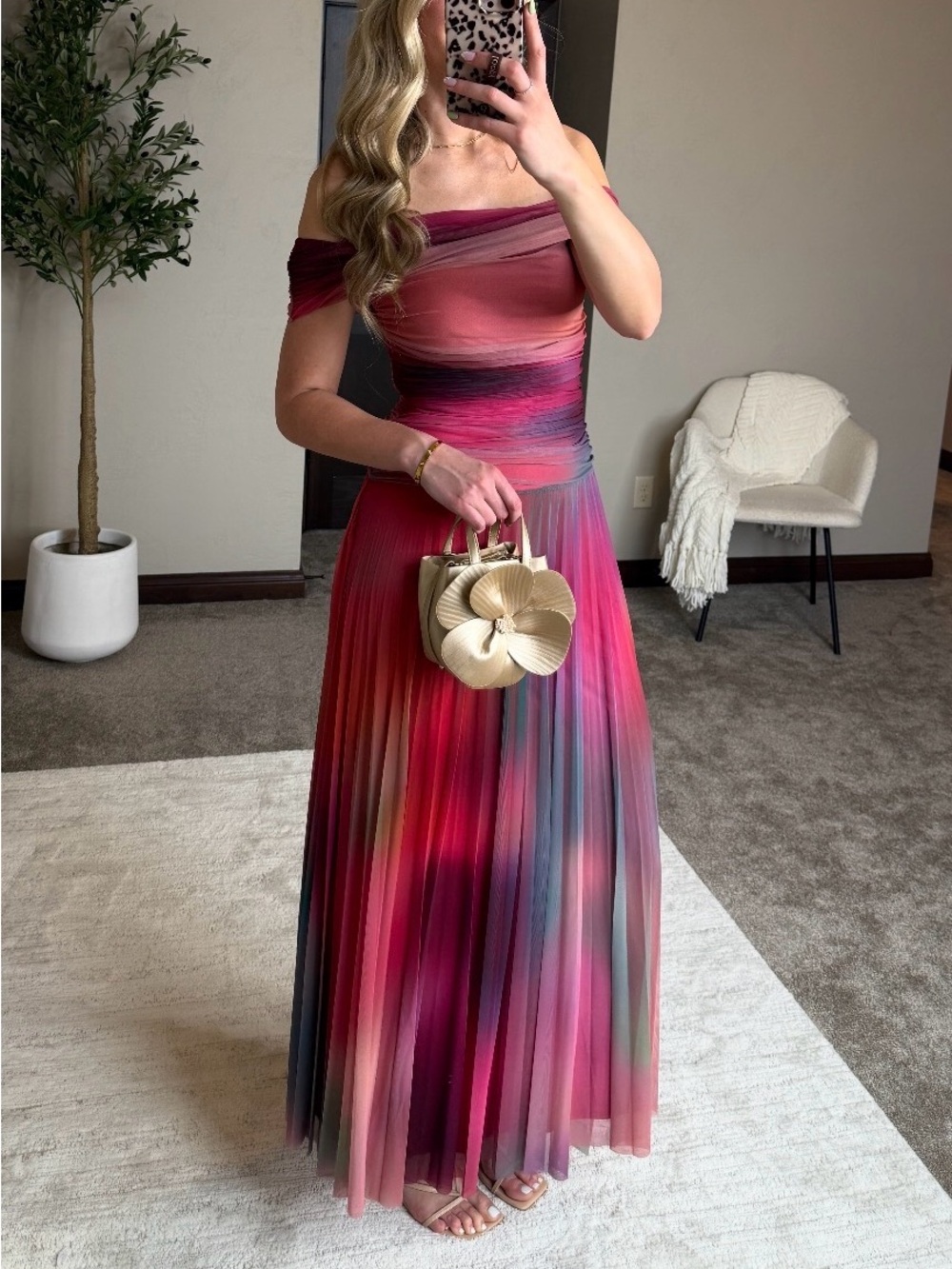 Abercrombie & Fitch Multicolor Pink-Orange Gradient Off-Shoulder Maxi Dress